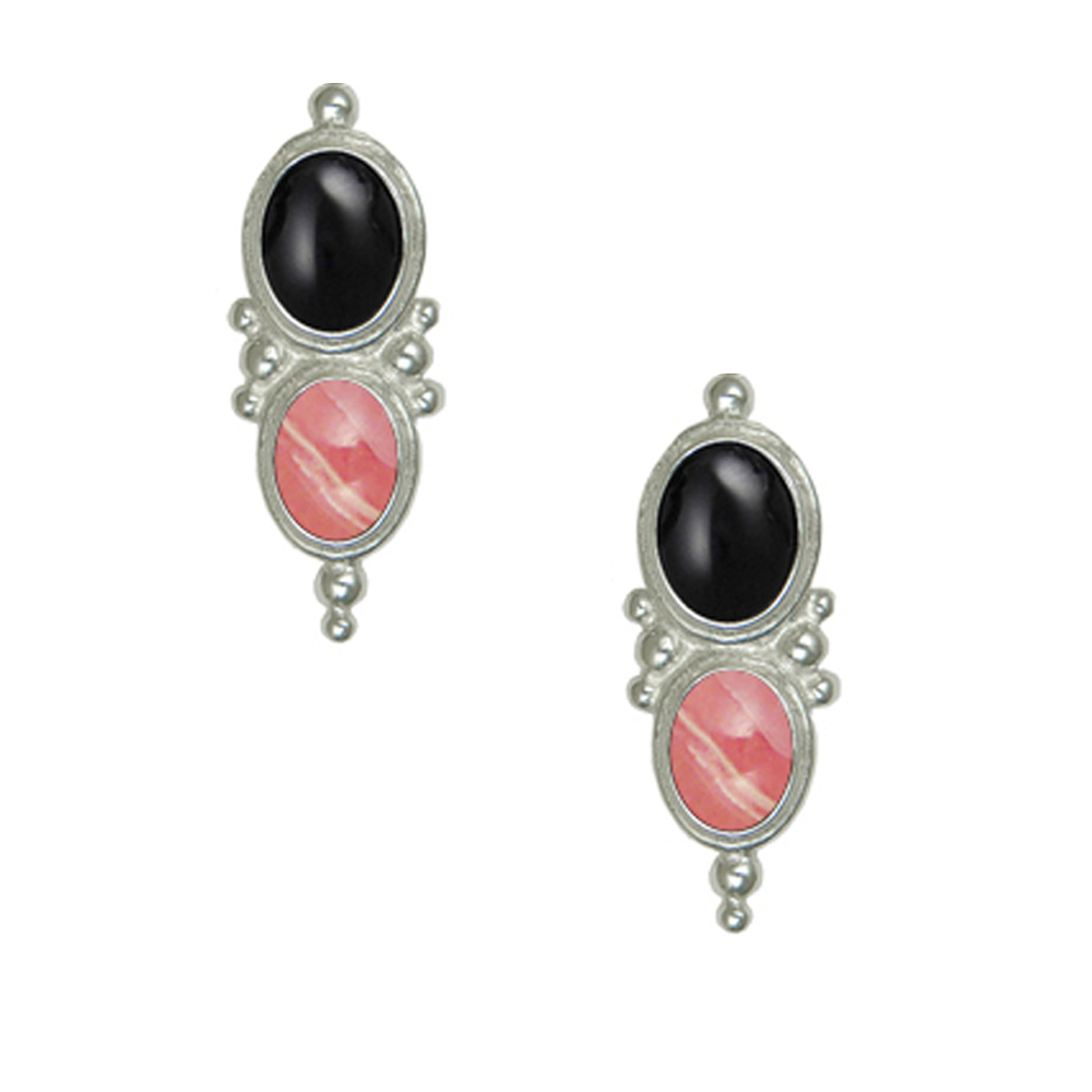 Sterling Silver Drop Dangle Earrings With Black Onyx And Rhodocrosite